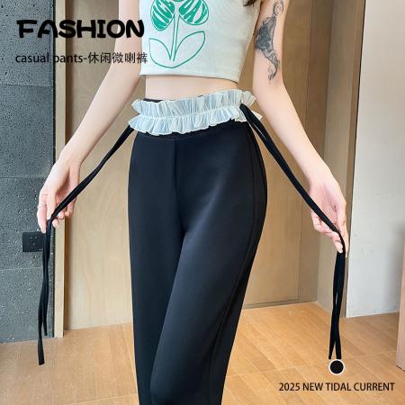 BY12794# 韩系蕾丝拼接蝴蝶结系带微喇裤女高腰垂感阔腿直筒休闲喇叭裤 服裝批發女裝批發服飾貨源