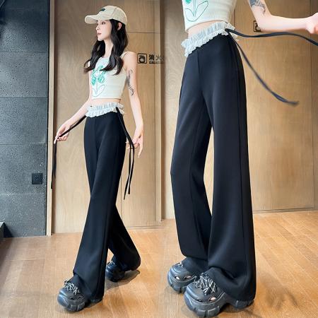 BY12794# 韩系蕾丝拼接蝴蝶结系带微喇裤女高腰垂感阔腿直筒休闲喇叭裤 服裝批發女裝批發服飾貨源
