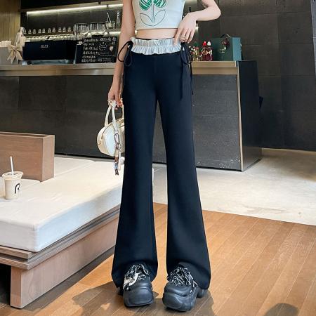 BY12794# 韩系蕾丝拼接蝴蝶结系带微喇裤女高腰垂感阔腿直筒休闲喇叭裤 服裝批發女裝批發服飾貨源