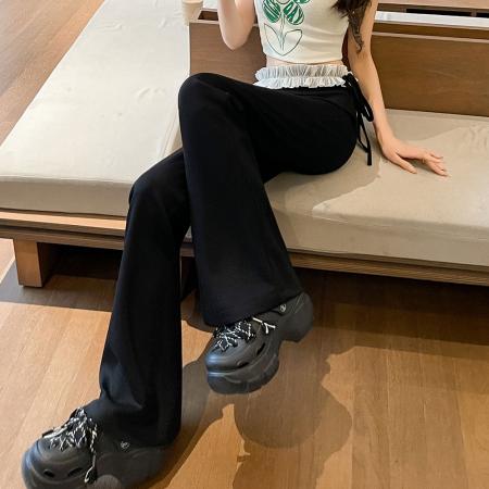 BY12794# 韩系蕾丝拼接蝴蝶结系带微喇裤女高腰垂感阔腿直筒休闲喇叭裤 服裝批發女裝批發服飾貨源