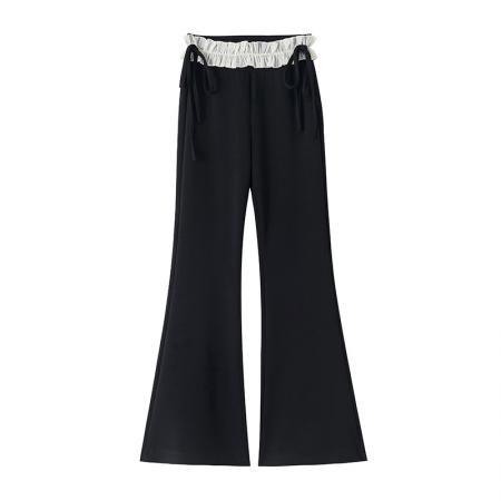 BY12794# 韩系蕾丝拼接蝴蝶结系带微喇裤女高腰垂感阔腿直筒休闲喇叭裤 服裝批發女裝批發服飾貨源