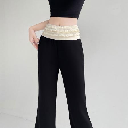 BY12795# 黑色双层花边微喇裤女春夏新款高腰垂感阔腿裤直筒休闲喇叭裤 服裝批發女裝批發服飾貨源