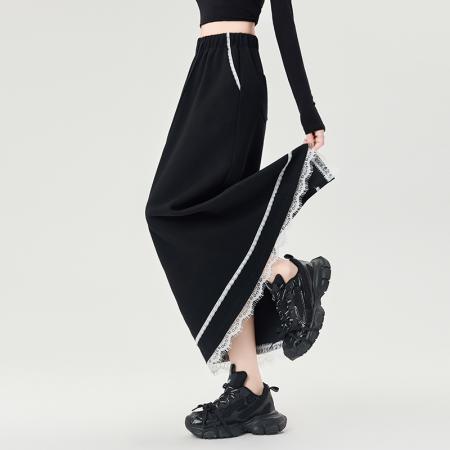 BY12796# 蕾丝拼接后开叉半身裙女春季新松紧高腰抽绳休闲A字运动卫裙 服裝批發女裝批發服飾貨源