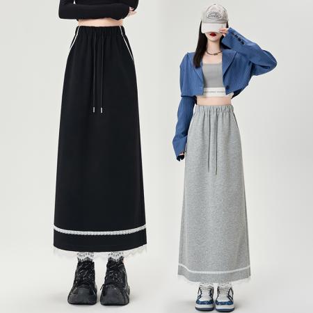 BY12796# 蕾丝拼接后开叉半身裙女春季新松紧高腰抽绳休闲A字运动卫裙 服裝批發女裝批發服飾貨源