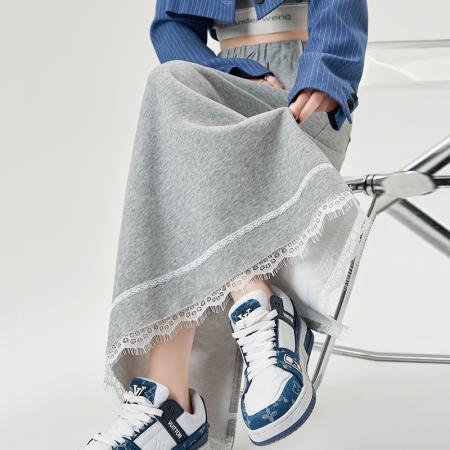 BY12796# 蕾丝拼接后开叉半身裙女春季新松紧高腰抽绳休闲A字运动卫裙 服裝批發女裝批發服飾貨源