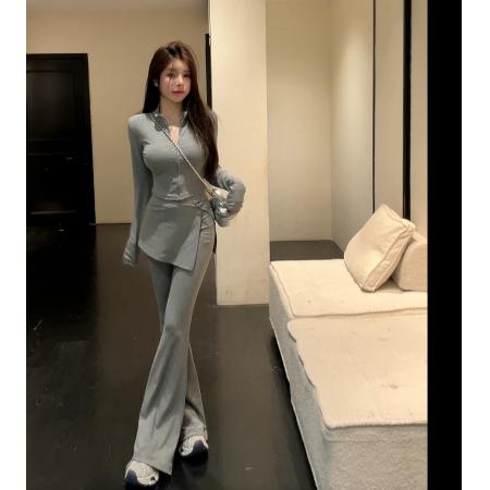 HuiHui韩系休闲风屁帘上衣搭配微喇裤时尚套装带垫肩L0508 服裝批發女裝批發服飾貨源