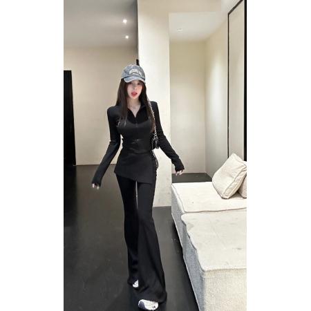 BY12801# HuiHui韩系休闲风屁帘上衣搭配微喇裤时尚套装带垫肩L0508 服裝批發女裝批發服飾貨源