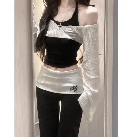 纯欲风假两件挂脖露肩长袖上衣女春季新款高腰修身显瘦休闲裤套装 服裝批發女裝批發服飾貨源