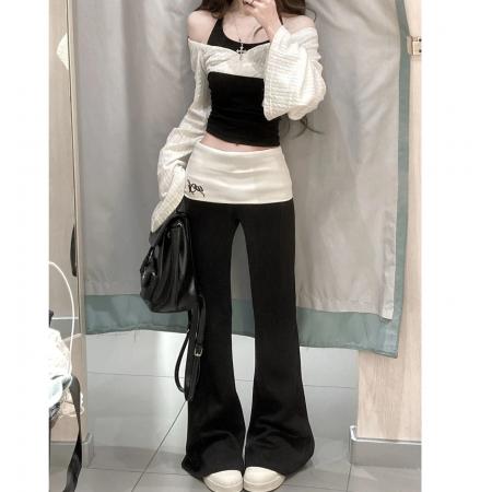 BY12802# 纯欲风假两件挂脖露肩长袖上衣女春季新款高腰修身显瘦休闲裤套装 服裝批發女裝批發服飾貨源