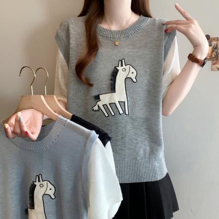 BY12803# 档口25年夏季新款大码韩版撞色设计感短袖针织衫圆领上衣慵懒 服裝批發女裝批發服飾貨源