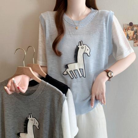 BY12803# 档口25年夏季新款大码韩版撞色设计感短袖针织衫圆领上衣慵懒 服裝批發女裝批發服飾貨源