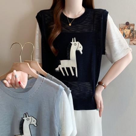 BY12803# 档口25年夏季新款大码韩版撞色设计感短袖针织衫圆领上衣慵懒 服裝批發女裝批發服飾貨源