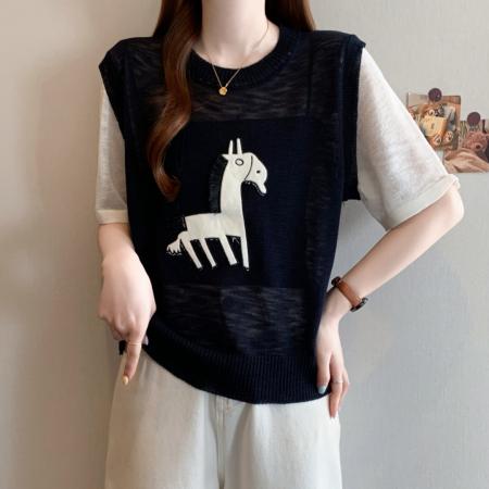 BY12803# 档口25年夏季新款大码韩版撞色设计感短袖针织衫圆领上衣慵懒 服裝批發女裝批發服飾貨源