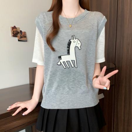 BY12803# 档口25年夏季新款大码韩版撞色设计感短袖针织衫圆领上衣慵懒 服裝批發女裝批發服飾貨源