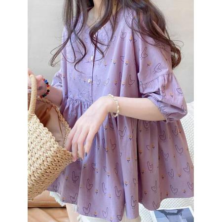 BY12804# 夏装大码女装娃娃衫甜美法式圆领蓬蓬灯笼碎花衬衫M-4XL200斤 服裝批發女裝批發服飾貨源