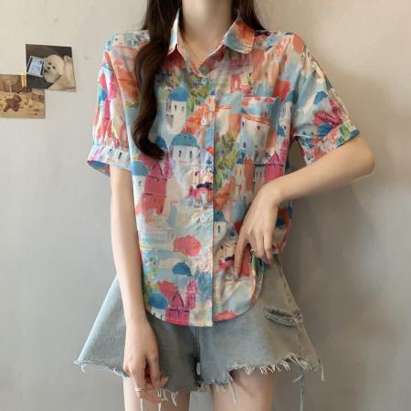 BY12805# 夏装大码韩版趣味印花衬衫宽松休闲翻领童趣上衣潮M-4XL200斤 服裝批發女裝批發服飾貨源