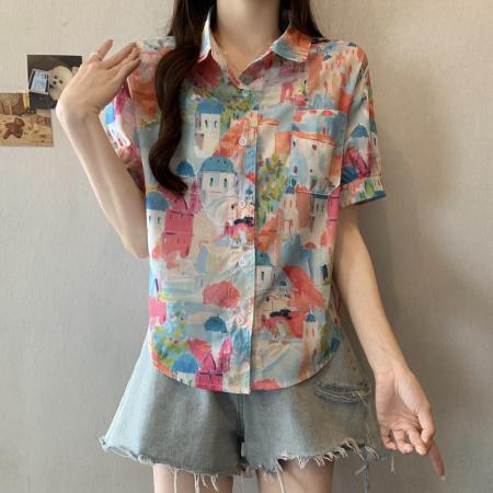 BY12805# 夏装大码韩版趣味印花衬衫宽松休闲翻领童趣上衣潮M-4XL200斤 服裝批發女裝批發服飾貨源