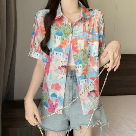 BY12805# 夏装大码韩版趣味印花衬衫宽松休闲翻领童趣上衣潮M-4XL200斤 服裝批發女裝批發服飾貨源