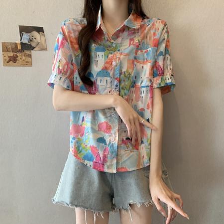 BY12805# 夏装大码韩版趣味印花衬衫宽松休闲翻领童趣上衣潮M-4XL200斤 服裝批發女裝批發服飾貨源