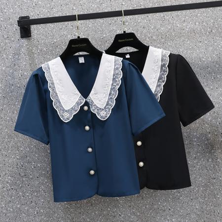 BY12808# 夏季法式娃娃领短款上衣甜美宽松大码女装衬衫M-4XL200斤 服裝批發女裝批發服飾貨源