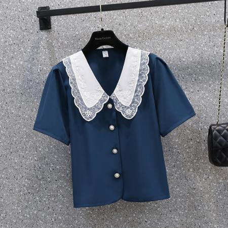 BY12808# 夏季法式娃娃领短款上衣甜美宽松大码女装衬衫M-4XL200斤 服裝批發女裝批發服飾貨源