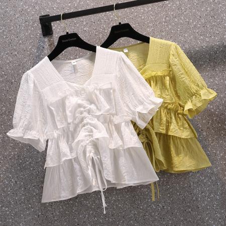 夏装胖妹妹大码高级感荷叶边抽绳...