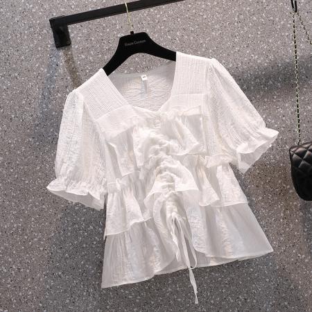 BY12809# 夏装胖妹妹大码高级感荷叶边抽绳显柔美短袖衬衣M-4XL200斤 服裝批發女裝批發服飾貨源