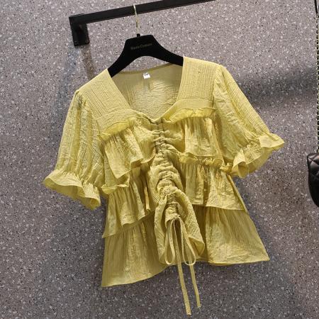 BY12809# 夏装胖妹妹大码高级感荷叶边抽绳显柔美短袖衬衣M-4XL200斤 服裝批發女裝批發服飾貨源