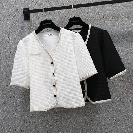 BY12812# 夏季新款大码女装法式气质小香风宽松短款V领上衣M-4XL200斤 服裝批發女裝批發服飾貨源