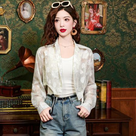 BY12814# 已出货碎花雪纺衬衫防晒衣女装夏季长袖薄款开衫上衣短款外套 服裝批發女裝批發服飾貨源