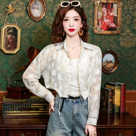 BY12814# 已出货碎花雪纺衬衫防晒衣女装夏季长袖薄款开衫上衣短款外套 服裝批發女裝批發服飾貨源