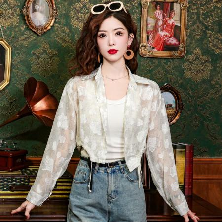 BY12814# 已出货碎花雪纺衬衫防晒衣女装夏季长袖薄款开衫上衣短款外套 服裝批發女裝批發服飾貨源