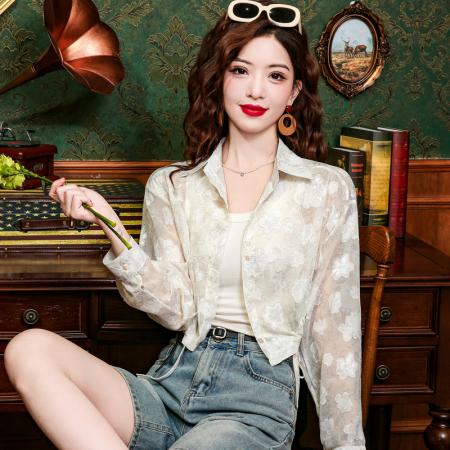 BY12814# 已出货碎花雪纺衬衫防晒衣女装夏季长袖薄款开衫上衣短款外套 服裝批發女裝批發服飾貨源