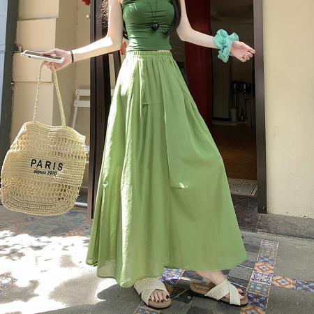 BY12815# 夏设计感褶皱棉麻清透度假果绿色中长大摆裙a字半身伞裙 服裝批發女裝批發服飾貨源