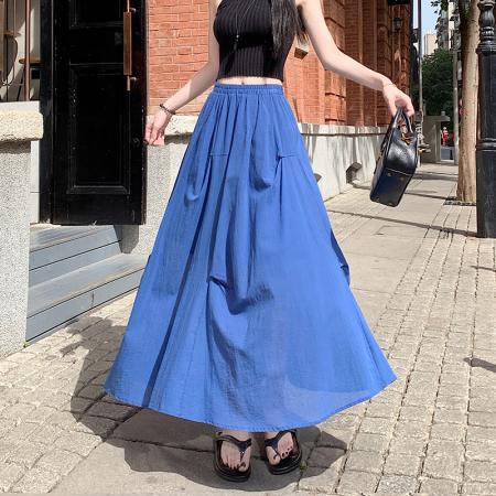 BY12815# 夏设计感褶皱棉麻清透度假果绿色中长大摆裙a字半身伞裙 服裝批發女裝批發服飾貨源