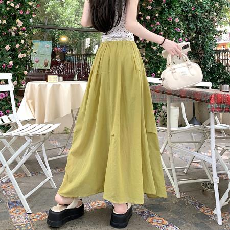 BY12815# 夏设计感褶皱棉麻清透度假果绿色中长大摆裙a字半身伞裙 服裝批發女裝批發服飾貨源