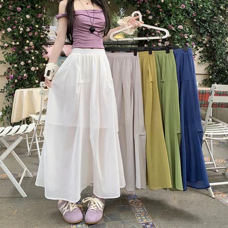 BY12815# 夏设计感褶皱棉麻清透度假果绿色中长大摆裙a字半身伞裙 服裝批發女裝批發服飾貨源