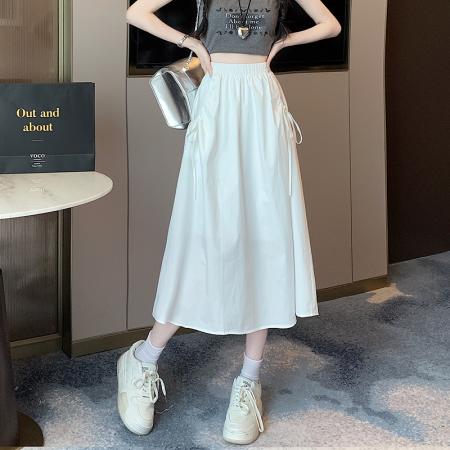 BY12816# 松紧腰百搭纯色系带抽绳口袋中长款纯棉工装a字半身裙 服裝批發女裝批發服飾貨源