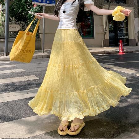 BY12817# 夏法式温柔风飘逸超仙褶皱大裙摆中长显瘦半身裙a字伞裙 服裝批發女裝批發服飾貨源