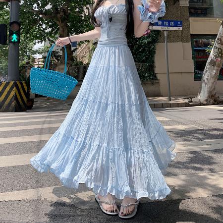 BY12817# 夏法式温柔风飘逸超仙褶皱大裙摆中长显瘦半身裙a字伞裙 服裝批發女裝批發服飾貨源