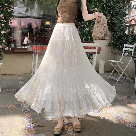 BY12817# 夏法式温柔风飘逸超仙褶皱大裙摆中长显瘦半身裙a字伞裙 服裝批發女裝批發服飾貨源