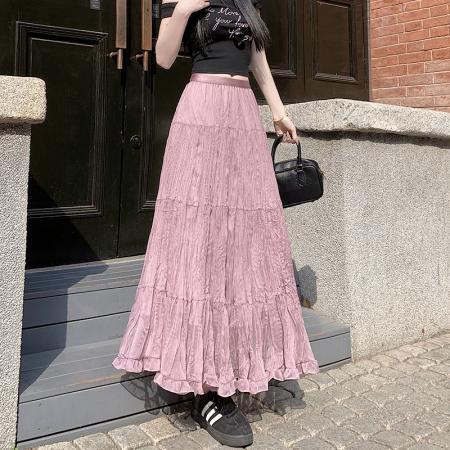 BY12817# 夏法式温柔风飘逸超仙褶皱大裙摆中长显瘦半身裙a字伞裙 服裝批發女裝批發服飾貨源