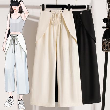 BY12818# 夏新款大码宽松直筒八分薄款女裤胖MM休闲松紧腰阔腿九分女裤 服裝批發女裝批發服飾貨源