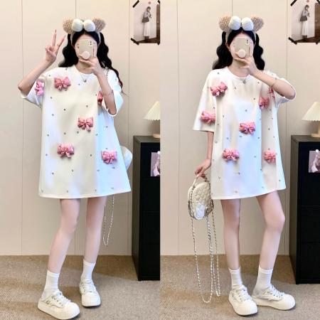 BY12819# ～新款大码女装中长款蝴蝶结重工短袖时尚T恤宽松大衫 服裝批發女裝批發服飾貨源