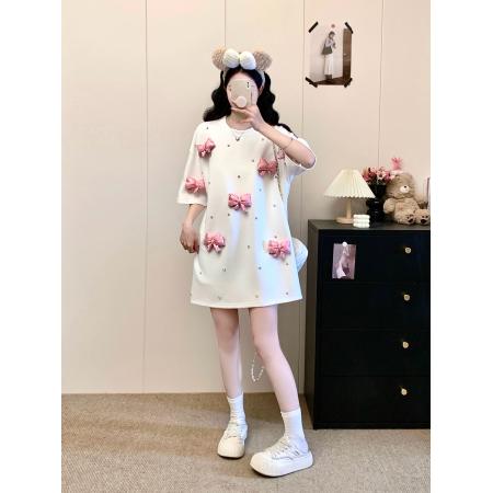 BY12819# ～新款大码女装中长款蝴蝶结重工短袖时尚T恤宽松大衫 服裝批發女裝批發服飾貨源