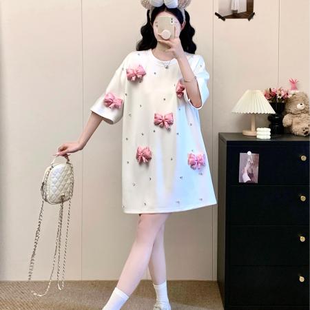 BY12819# ～新款大码女装中长款蝴蝶结重工短袖时尚T恤宽松大衫 服裝批發女裝批發服飾貨源