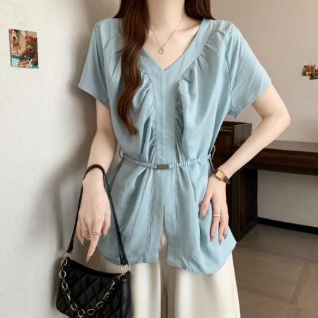 BY12820# 韩系简约气质V领短袖衬衫女夏季新款宽松显瘦百搭纯色上衣 服裝批發女裝批發服飾貨源