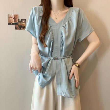 BY12820# 韩系简约气质V领短袖衬衫女夏季新款宽松显瘦百搭纯色上衣 服裝批發女裝批發服飾貨源