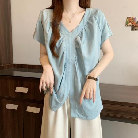 BY12820# 韩系简约气质V领短袖衬衫女夏季新款宽松显瘦百搭纯色上衣 服裝批發女裝批發服飾貨源