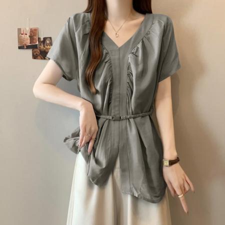 BY12820# 韩系简约气质V领短袖衬衫女夏季新款宽松显瘦百搭纯色上衣 服裝批發女裝批發服飾貨源